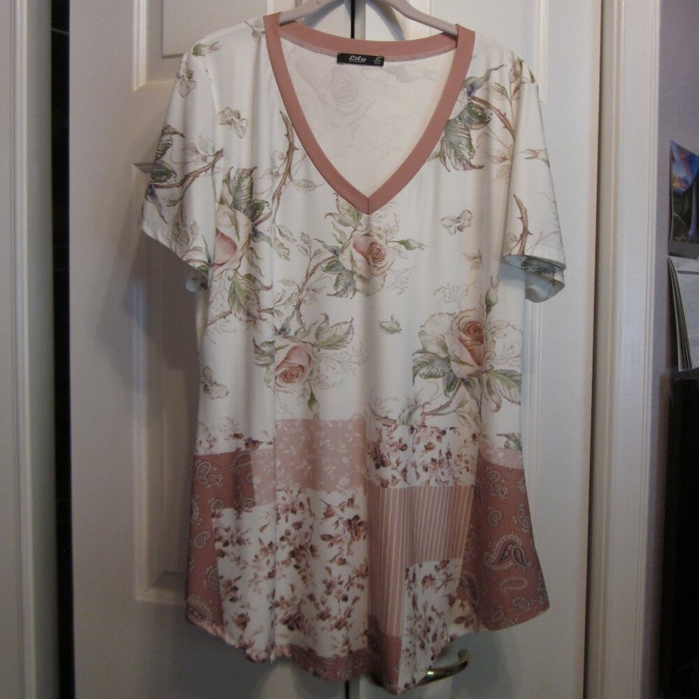 Lily Pink Rose Print Short Sleeve Tunic Sz XL